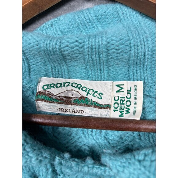 Aran Crafts Womens Sweater M Teal Cable Knit 100% Merino Wool Cardigan - Picture 2 of 5